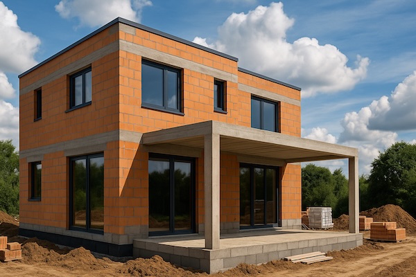 Moderní rodinný dům v průběhu hrubé stavby