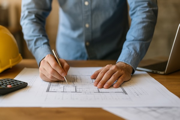 Architekt připravuje stavební rozpočet na stole s plány