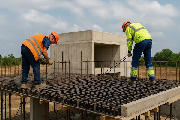 Stavební tým při práci na železobetonové konstrukci